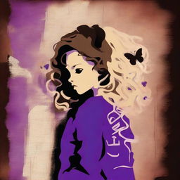 A funky abstract image with a dark brown rustic background featuring bars, a child girl with blonde curly hair seen from the back, and a tiny purple butterfly in the background