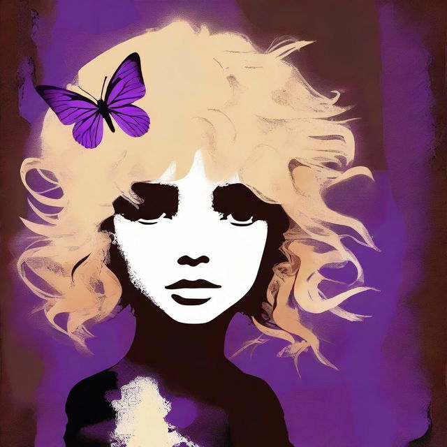 A funky abstract image with a dark brown rustic background featuring bars, a child girl with blonde curly hair seen from the back, and a tiny purple butterfly in the background