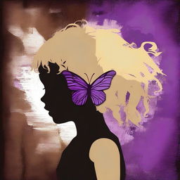 A funky abstract image with a dark brown rustic background featuring bars, a child girl with blonde curly hair seen from the back, and a tiny purple butterfly in the background