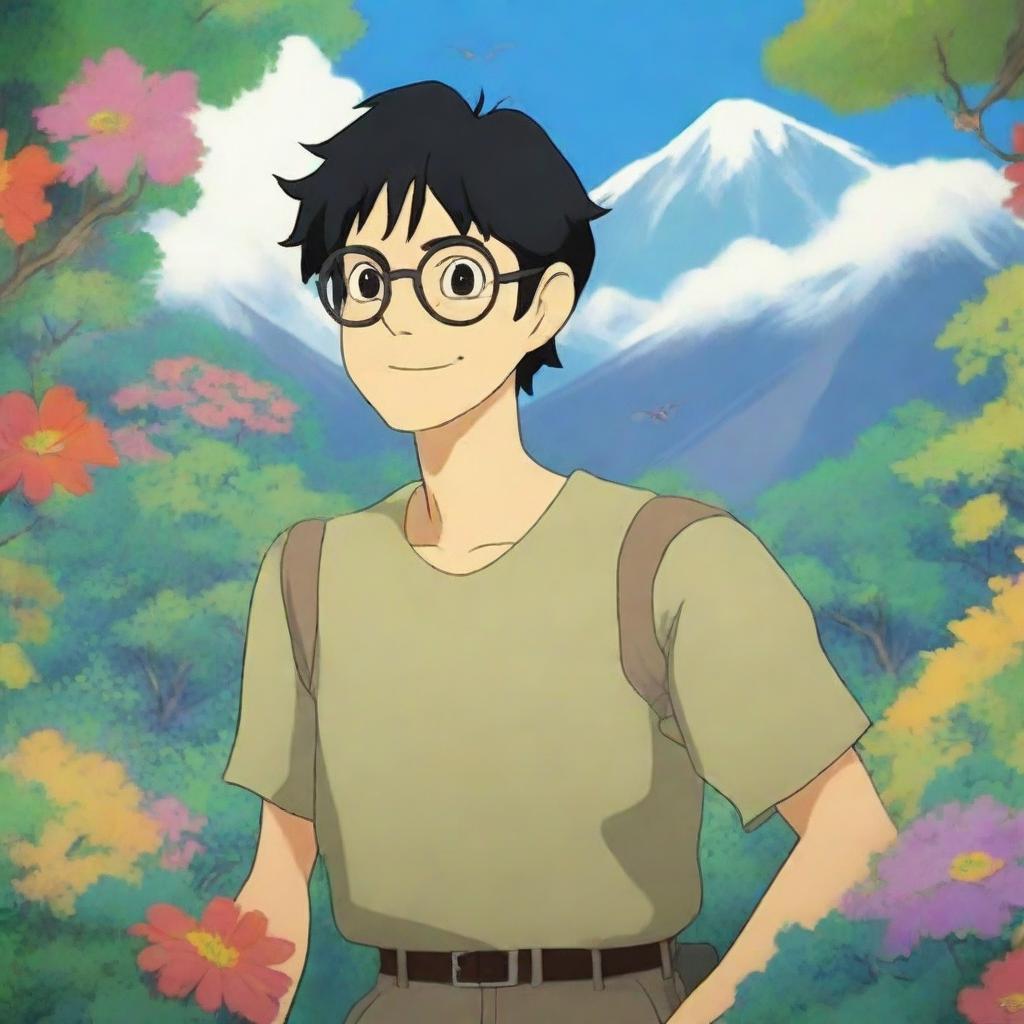 A whimsical male character with black hair, glasses, and a warm smile in the style of Studio Ghibli