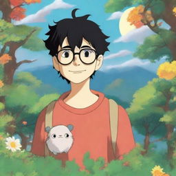 A whimsical male character with black hair, glasses, and a warm smile in the style of Studio Ghibli