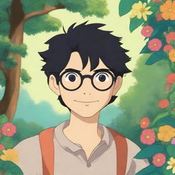 A whimsical male character with black hair, glasses, and a warm smile in the style of Studio Ghibli