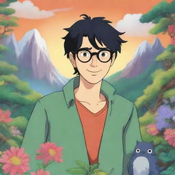 A whimsical male character with black hair, glasses, and a warm smile in the style of Studio Ghibli