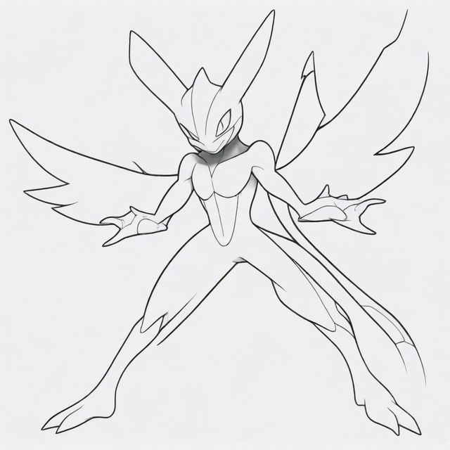 A black and white drawing of a fusion Pokemon featuring the body of Greninja, wings of Charizard, and the face of Mewtwo for coloring.