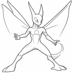 A black and white drawing of a fusion Pokemon featuring the body of Greninja, wings of Charizard, and the face of Mewtwo for coloring.