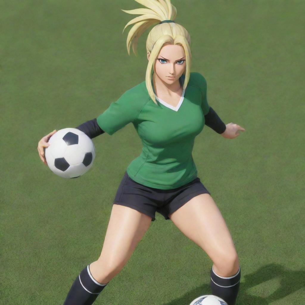 Tsunade Senju, a strong and determined character from Naruto, energetically playing a game of soccer. Her blonde hair is in a high ponytail, and she's wearing a casual sporty outfit.