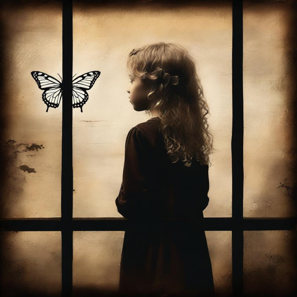 Create an image with a dark brown rustic background where a child girl is seen from behind, standing behind bars