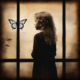 Create an image with a dark brown rustic background where a child girl is seen from behind, standing behind bars