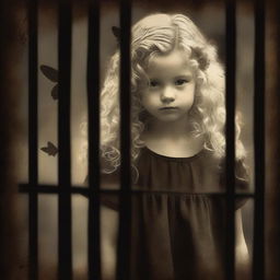 Create an image with a dark brown rustic background where a child girl is seen from behind, standing behind bars