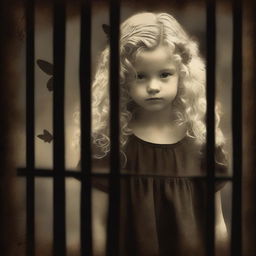 Create an image with a dark brown rustic background where a child girl is seen from behind, standing behind bars