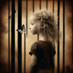 Create an image with a dark brown rustic background where a child girl is seen from behind, standing behind bars