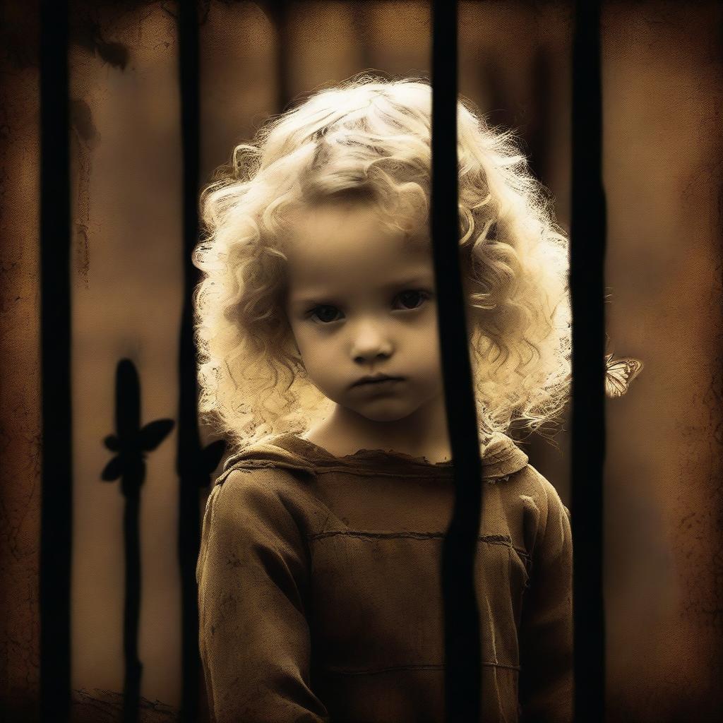 Create an image with a dark brown rustic background where a child girl is seen from behind, standing behind bars