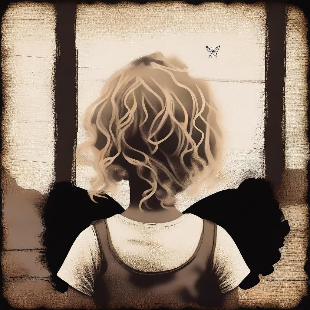 An image with a dark brown rustic background and bars, featuring a child girl with blonde curly hair seen from the back and a tiny butterfly in the background