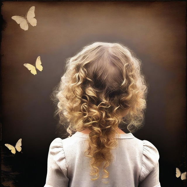 An image with a dark brown rustic background and bars, featuring a child girl with blonde curly hair seen from the back and a tiny butterfly in the background