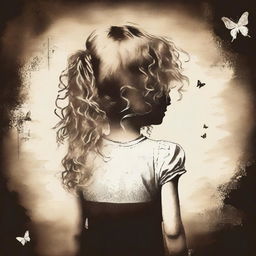 An image with a dark brown rustic background and bars, featuring a child girl with blonde curly hair seen from the back and a tiny butterfly in the background