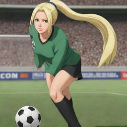 Tsunade Senju, a strong and determined character from Naruto, energetically playing a game of soccer. Her blonde hair is in a high ponytail, and she's wearing a casual sporty outfit.