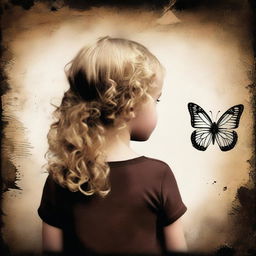 An image with a dark brown rustic background and bars, featuring a child girl with blonde curly hair seen from the back and a tiny butterfly in the background