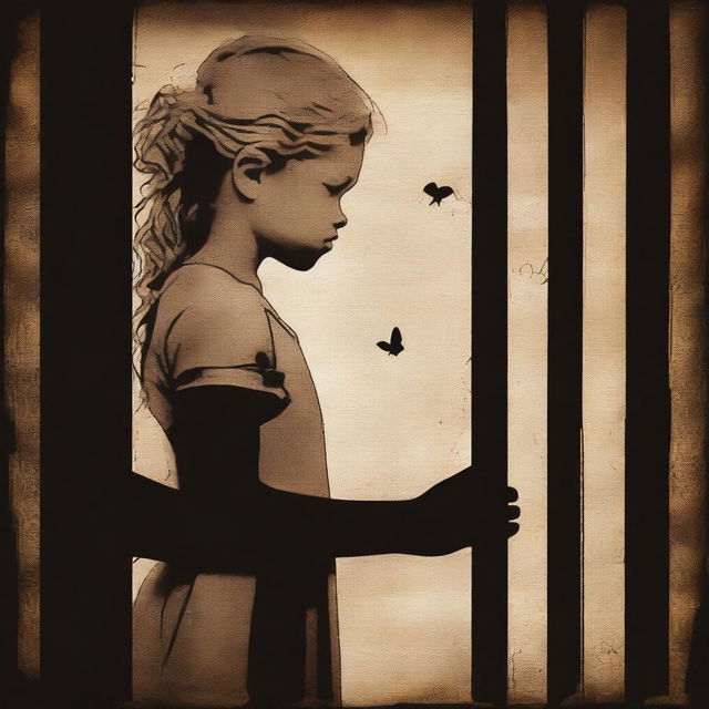 Create an image with a dark brown rustic background featuring a child girl behind bars