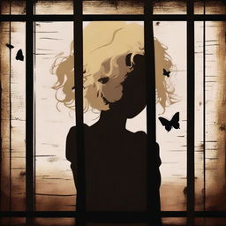 Create an image with a dark brown rustic background featuring a child girl behind bars