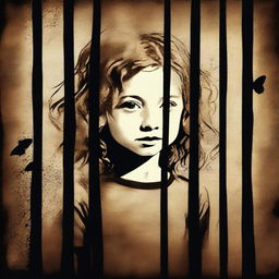 Create an image with a dark brown rustic background featuring a child girl behind bars