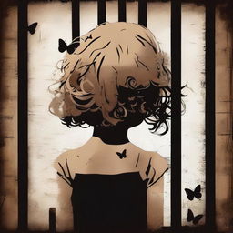 Create an image with a dark brown rustic background featuring a child girl behind bars