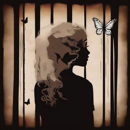 Create an image with a dark brown rustic background featuring a child girl behind bars