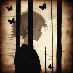 Create an image with a dark brown rustic background featuring a child girl behind bars