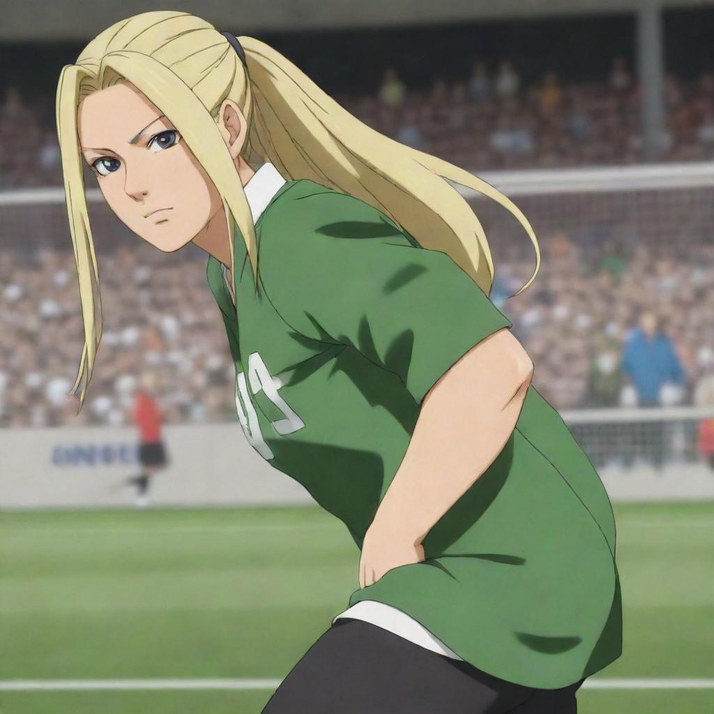 Tsunade Senju, a strong and determined character from Naruto, energetically playing a game of soccer. Her blonde hair is in a high ponytail, and she's wearing a casual sporty outfit.