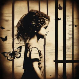 Create an image with a dark brown rustic background featuring a child girl behind bars