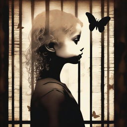 Create an image with a dark brown rustic background featuring a child girl behind bars