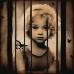 Create an image with a dark brown rustic background featuring a child girl behind bars