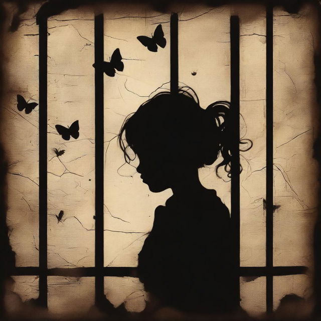 Create an image with a dark brown rustic background featuring a child girl behind bars