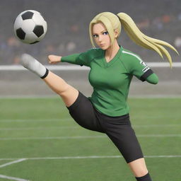 Tsunade Senju, a strong and determined character from Naruto, energetically playing a game of soccer. Her blonde hair is in a high ponytail, and she's wearing a casual sporty outfit.