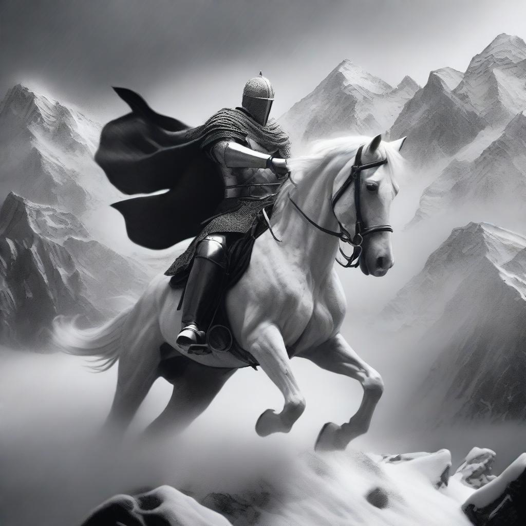 A black and white grainy photo-realistic image of a knight on a white horse, battling through a blizzard on rocky mountain peaks