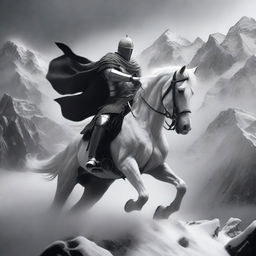 A black and white grainy photo-realistic image of a knight on a white horse, battling through a blizzard on rocky mountain peaks