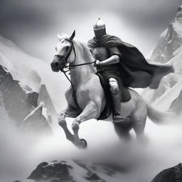 A black and white grainy photo-realistic image of a knight on a white horse, battling through a blizzard on rocky mountain peaks