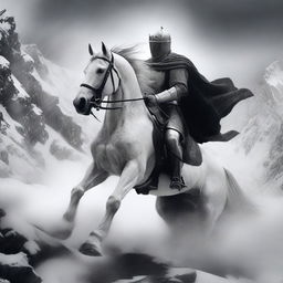 A black and white grainy photo-realistic image of a knight on a white horse, battling through a blizzard on rocky mountain peaks