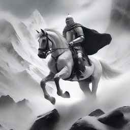 A black and white grainy photo-realistic image of a knight on a white horse, battling through a blizzard on rocky mountain peaks