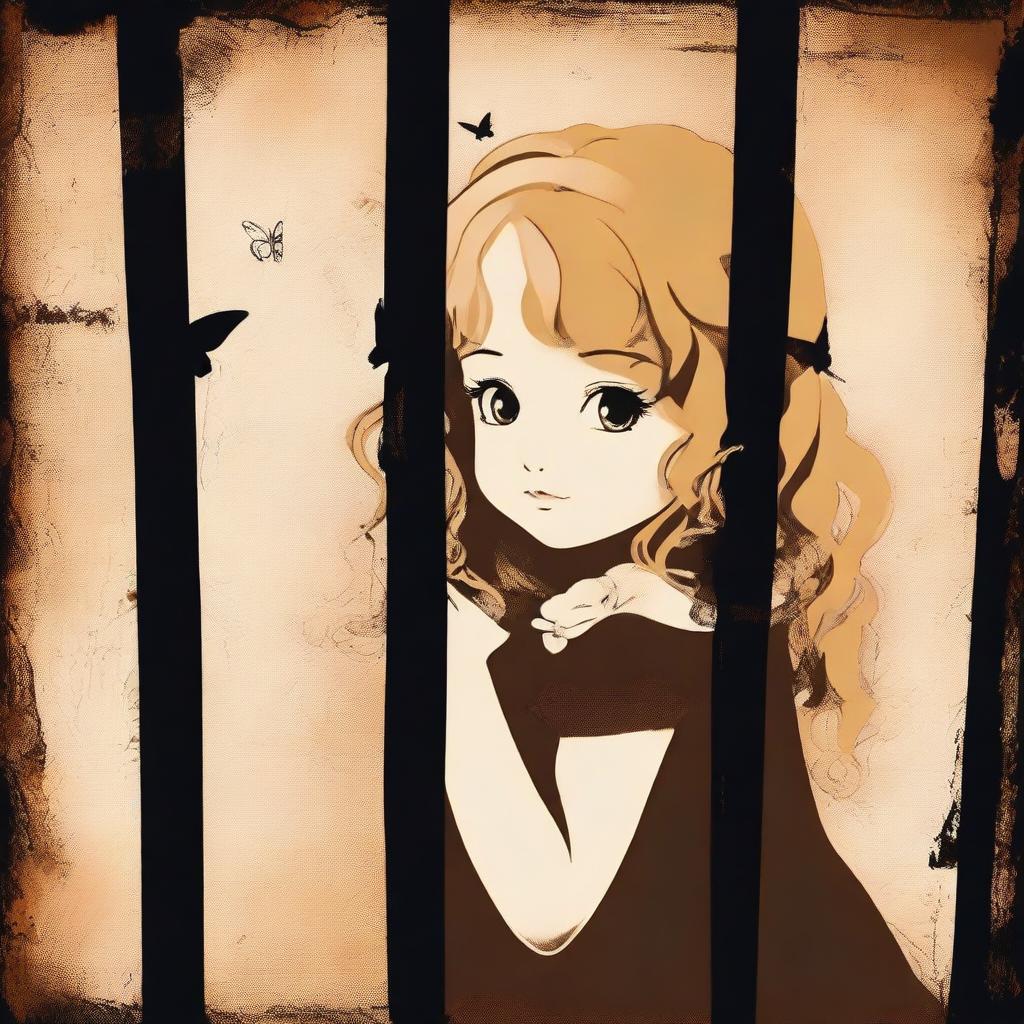 A dark brown rustic background featuring a shadowy scene behind bars, with a child girl showing the back of her blonde curly hair and a tiny butterfly in the background