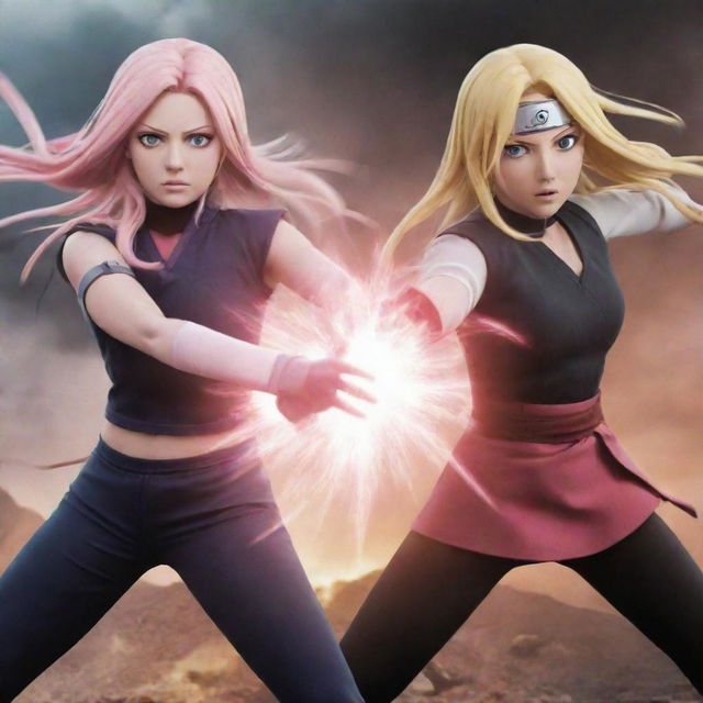 An intense showdown between Sakura Haruno and Tsunade Senju from Naruto in an epic shuriken-filled battlefield.