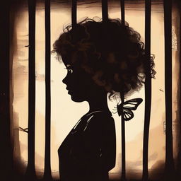 A dark brown rustic background featuring a shadowy scene behind bars, with a child girl showing the back of her blonde curly hair and a tiny butterfly in the background