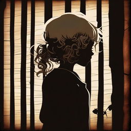 A dark brown rustic background featuring a shadowy scene behind bars, with a child girl showing the back of her blonde curly hair and a tiny butterfly in the background