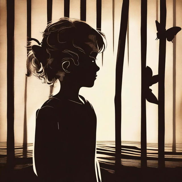 A dark brown rustic background featuring a shadowy scene behind bars, with a child girl showing the back of her blonde curly hair and a tiny butterfly in the background