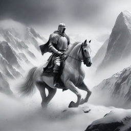 A black and white grainy photo-realistic image of a knight on a white horse, seen from a distance in a blizzard on rocky mountain peaks