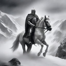 A black and white grainy photo-realistic image of a knight on a white horse, seen from a distance in a blizzard on rocky mountain peaks