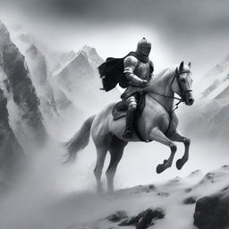 A black and white grainy photo-realistic image of a knight on a white horse, seen from a distance in a blizzard on rocky mountain peaks