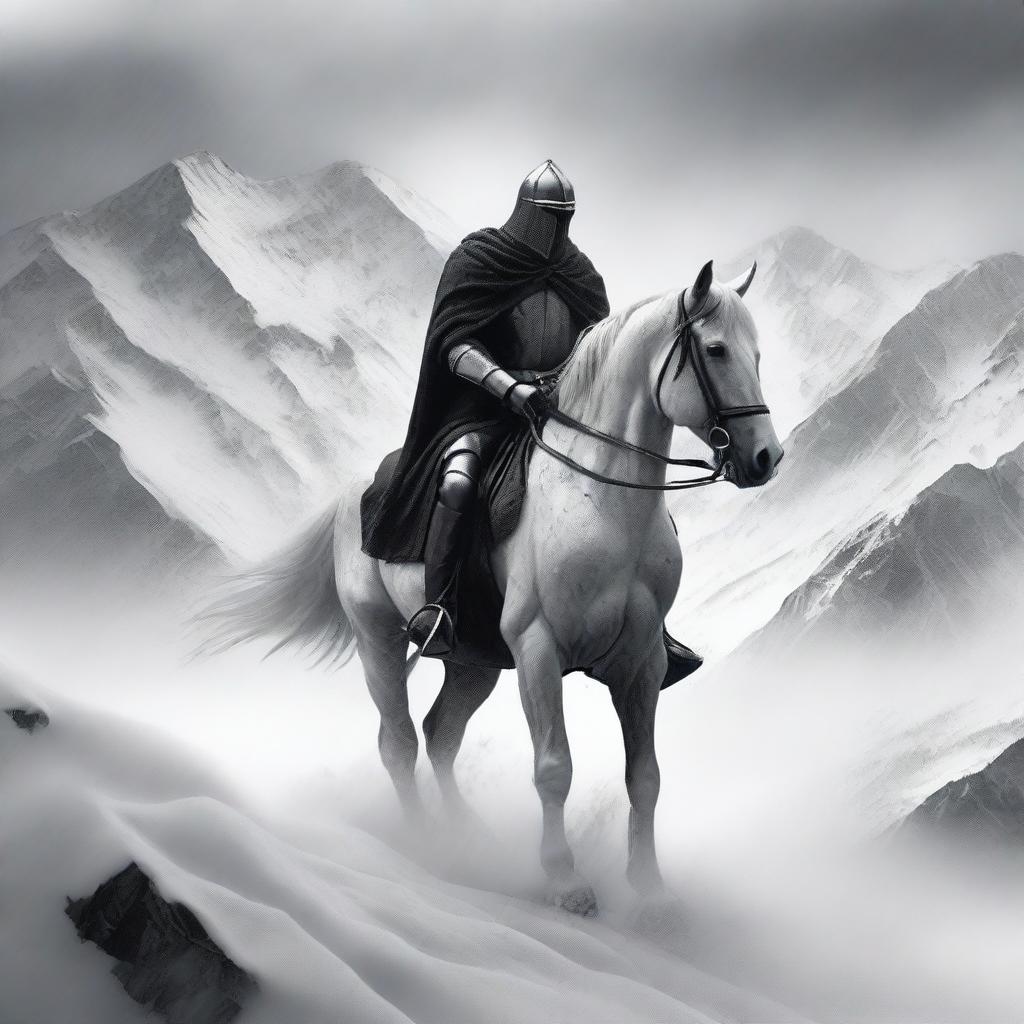 A black and white grainy photo-realistic image of a knight on a white horse, seen from a distance in a blizzard on rocky mountain peaks