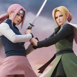 An intense showdown between Sakura Haruno and Tsunade Senju from Naruto in an epic shuriken-filled battlefield.