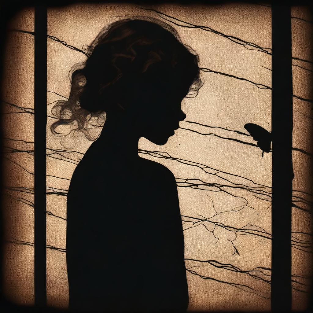 A shadowy and mysterious image with a dark brown rustic background and bars, featuring a child girl with blonde curly hair seen from the back and a tiny butterfly in the background