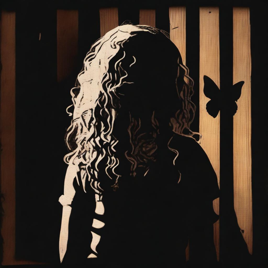 A shadowy and mysterious image with a dark brown rustic background and bars, featuring a child girl with blonde curly hair seen from the back and a tiny butterfly in the background